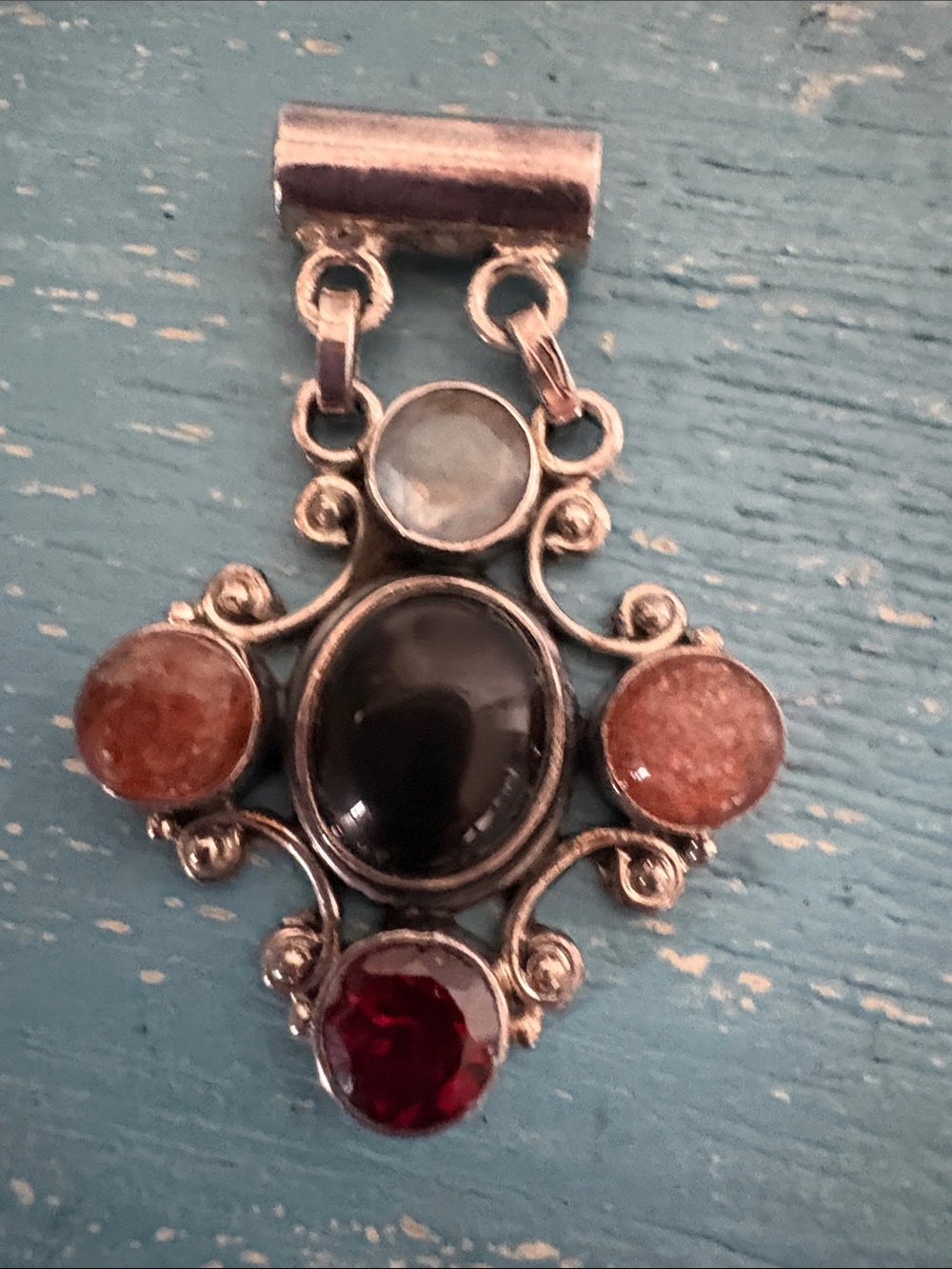 Vintage sterling garnet, onyx rose, quartz, and moonstone pendant